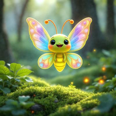 The primary subject of the image is a small, colorful butterfly with a yellow body and blue wings. It is flying in a lush, green forest filled with trees and grass. The visual style of the image is digital art, as it appears to be a computer-generated or animated butterfly. The colors and mood of the image are vibrant and cheerful, with the butterfly's bright colors contrasting against the green forest backdrop.